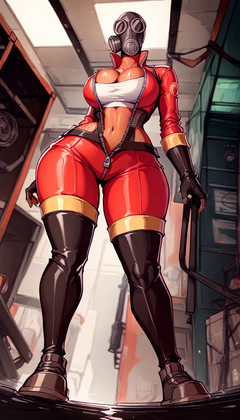 full body sitting on a bench showing ass to me, ((Plain background 1:2)) (Cammy White Street Fighter white silver short bob haircut) Female full body standing straight symmetrical looking to the viewer RED full body armored big breast knockers cleavage, leather collar choker, happy smile red cheeks, red gauntlets, red gloves, red military boots