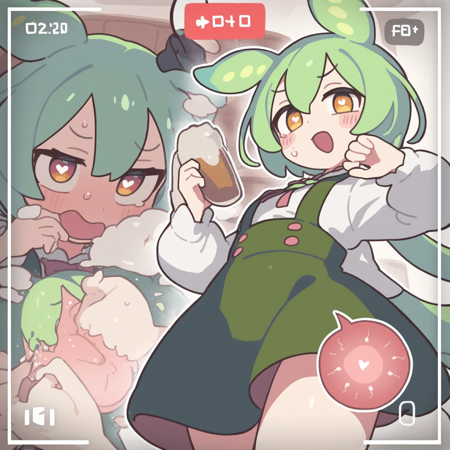masterpiece,one girl best quality,1girl,green hair,pink eyes,green hair,side ponytail,hair ornament,flower,long hair,light frown,tsundere, black pantyhose, topless, happy,single, yellow cum stains on pantyhose, pussy outlined through pantyhose, cum stains on croptop, food stalls,