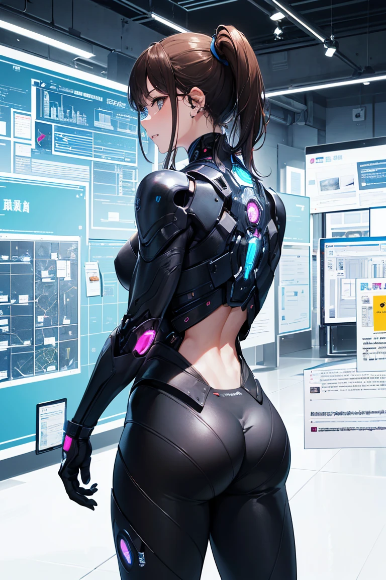 Absurd resolution, high resolution, (masterpiece: 1.4), hyper-detail, full body shot, full frontal camera perspective, solo, 1 kemono feline cat woman, humanoid, no skin other than neck and head shown, black hair, messy ponytail, cute face, detailed soft grey luminous eyes, huge massive hyper super swollen heavy breasts, breasts so big that cover her whole torso and are bigger than her head while being so big they reach her belly button, extremely super large swollen perky heavy bust, super huge enormously gigantic tits, gigantic stretching/straining out of her outfit, breasts compressed squishing barely contained in outfit, inflated breasts, breasts_expansion, super gigantic swollen heavy tits, wide full hips, narrower torso and shoulders, smaller torso, narrower waist, full thicc big soft thighs, thicc thighs, big rounded full soft butt, thicc butt, ruggedized utility styled outfit, fully insulated suit, full body outfit coverage with no skin showing or revealed, airtight/watertight zippers and seals, scifi monochrome black and grey fullbody covering protective padding rugged loose-fitted pilot utility suit with strategically placed protective padding, white zipped utility cropped top for breasts support with a black strap horizontal across cleavage worn on top of suit, tactical strategic angular-patterned protective padding on hips and thighs and abdomen, practical/functional clothing, weather-proof durable clothing material, nylon clothing material, custom made clothing to fit and support large breasts, scifi padded rugged rigid high collar techwear jacket, armored high collar, white and black triangular decals and techwear iconography on apparel and clothing, techwear gloves, arm mounted strapped display scifi tablet/communication device/computer, ruggedized tech, ruggedized tech aesthetic, fitted utility pants, utility chaps, near future scifi, cyberpunk aesthetic, anime aesthetic, tactical aesthetic