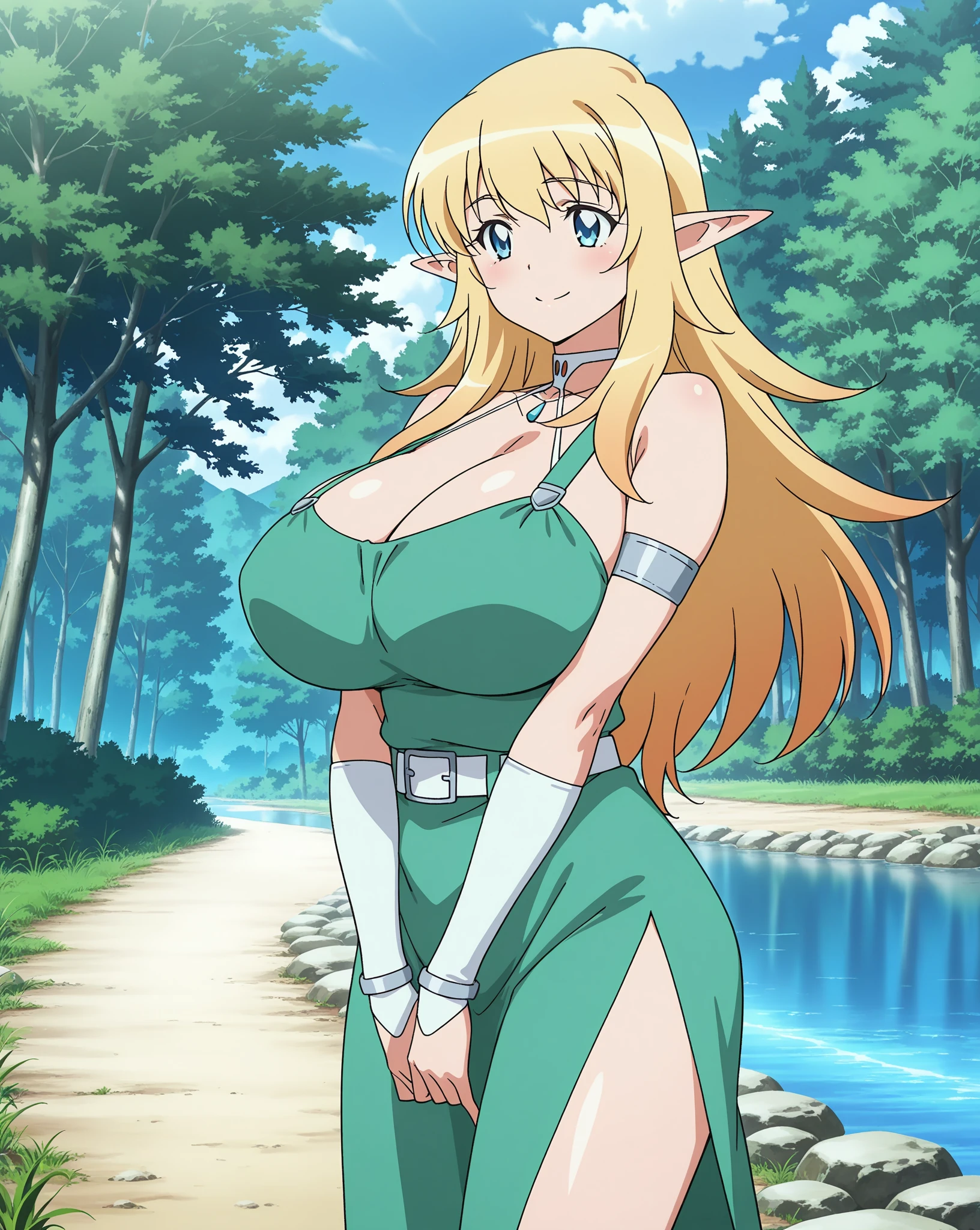 nsfw, 1990s \(style\), retro artstyle, 1990s anime cels style, best quality, high resolution, forest, huge breasts, riesz, winged helmet, dress, armor, shoulder armor, bridal gauntlets, cleavage, blush, embarrassed