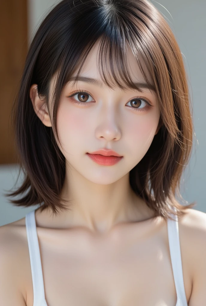 very small flat chest:1.2、(Showing small breasts:1.3)、Putting on makeup:1.3、Face close-up:1.4、(((Looking into the camera:1.4)))、{{masterpiece}}, {{Highest quality}}, {{Very detailed}}, {{Small breasts}}, Cinematic Lighting,Beautiful and delicate shine, Dynamic Angle, Depth of the written border, Light_leak, wonderful, Fine details, 4K, 8k,Japanese Idols, Brown hair short cut:1.3、, The background is solid gray:1.3、, Dreamy look, Light background, {Sexy pose},