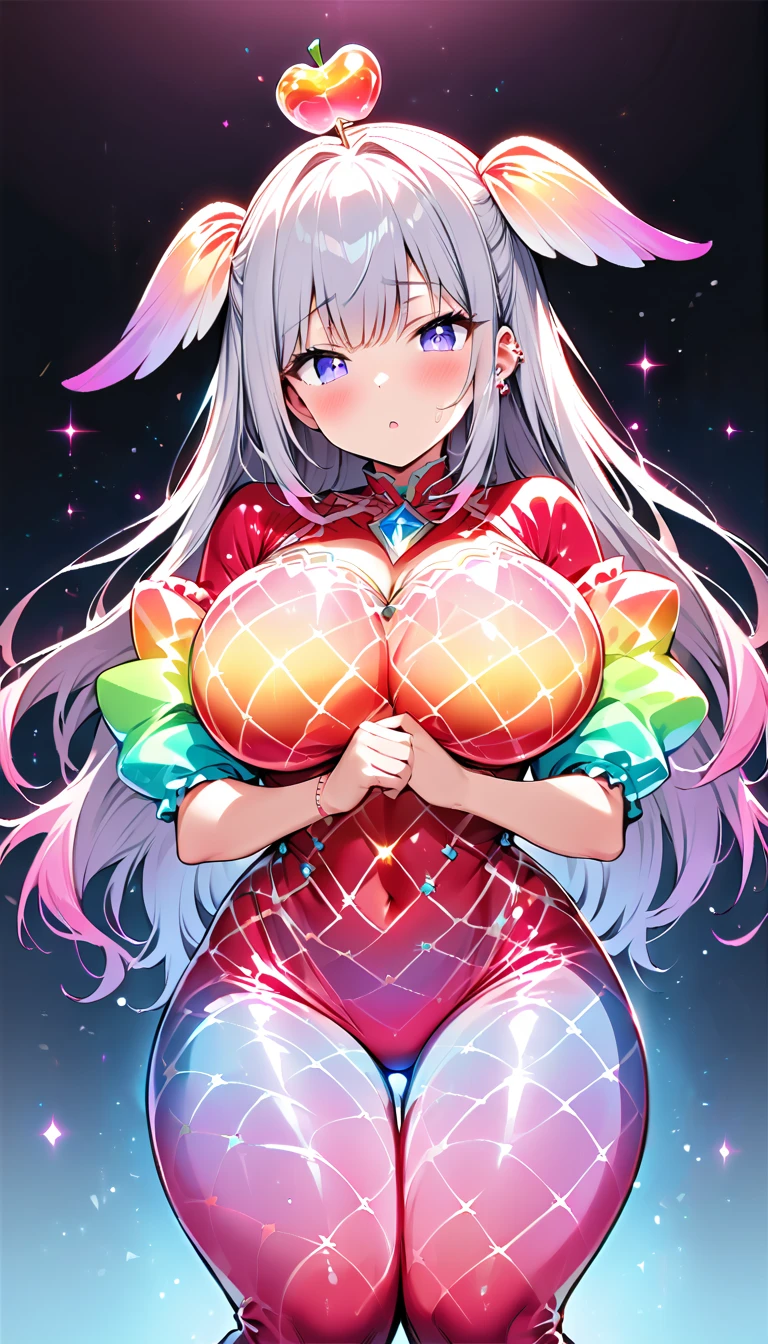 White and Red, Masterpiece of (ProfessionalPhoto:1.37) ExtremelyDetailed (((KAWAII girl with HUGE boobs:1.37)) (Face Printed t-shirt:1.2) Extremely detailed (Delicate cotton textures) PerfectLighting (Studio Dark GRAY Background) with (Dazzling RainbowColor Particles:1.28) BREAK (((NOGIZAKA FaceVariations))), Extremely Detailed (very KAWAII Face), Childish CaptivatingGaze Stunning ParfectEyes ElaboratePupils with (SparklingHighlights:1.28), DoubleEyelids with (Detailed Voluminous LongEyelashes:0.88), Small GlossyRedLips with BeautifulDetails, CoquettishTongue, PUNIPUNI RosyCheeks, Radiant PearlSkin with Transparency, Glowing DowneyHair . { (Dynamic Joyful expressions LifeLike Rendering:1.4) | (:d) }, (large eyes:-1) .