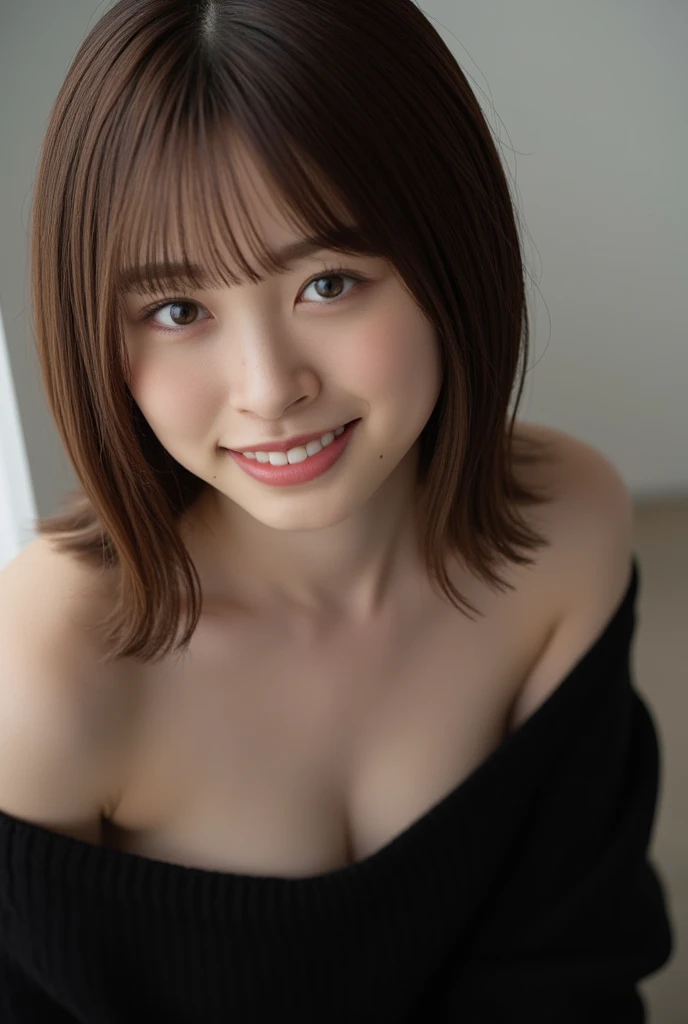 (8K, RAW Photos, Highest quality, High resolution: 1.1), (ultra Realistic: 1.4), (Realistic, Realistic: 1.3), The Beauty of Japan, pajamas, ((Upper Body: 1.3)) High resolution, Realistic image of a Japanese woman with short hair, She has big breasts and red cheeks, Take a look at it, smile She looks at it, smile, While taking a selfie. Her smartphone is close to her face. She appears to be live streaming from her home.., Spread out on the bed, Put a blanket over your chest.night
