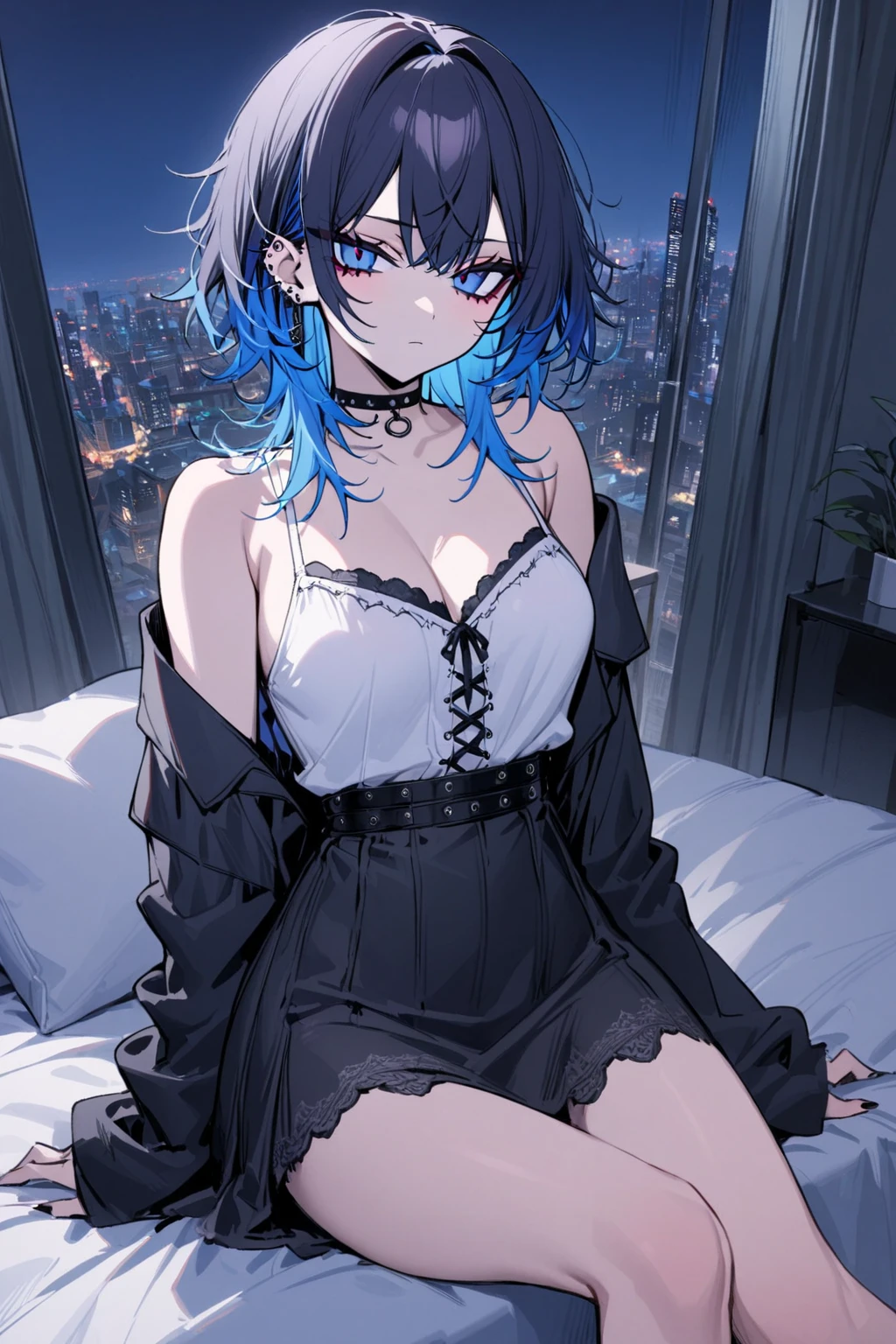 (masterpiece:1.5, best quality:1.5, painting:0.5, grayscale:0.7, absurdres:0.95), perfect anatomy, midriff, navel, 1girl, vampire, (piercings), curly blue hair, red eyes, choker, ribbon, seductive smile, seductive pose, black victorian dress, black stockings, drinking wine, sitting on a balcony, legs spreading, castle, night, lights, scenery