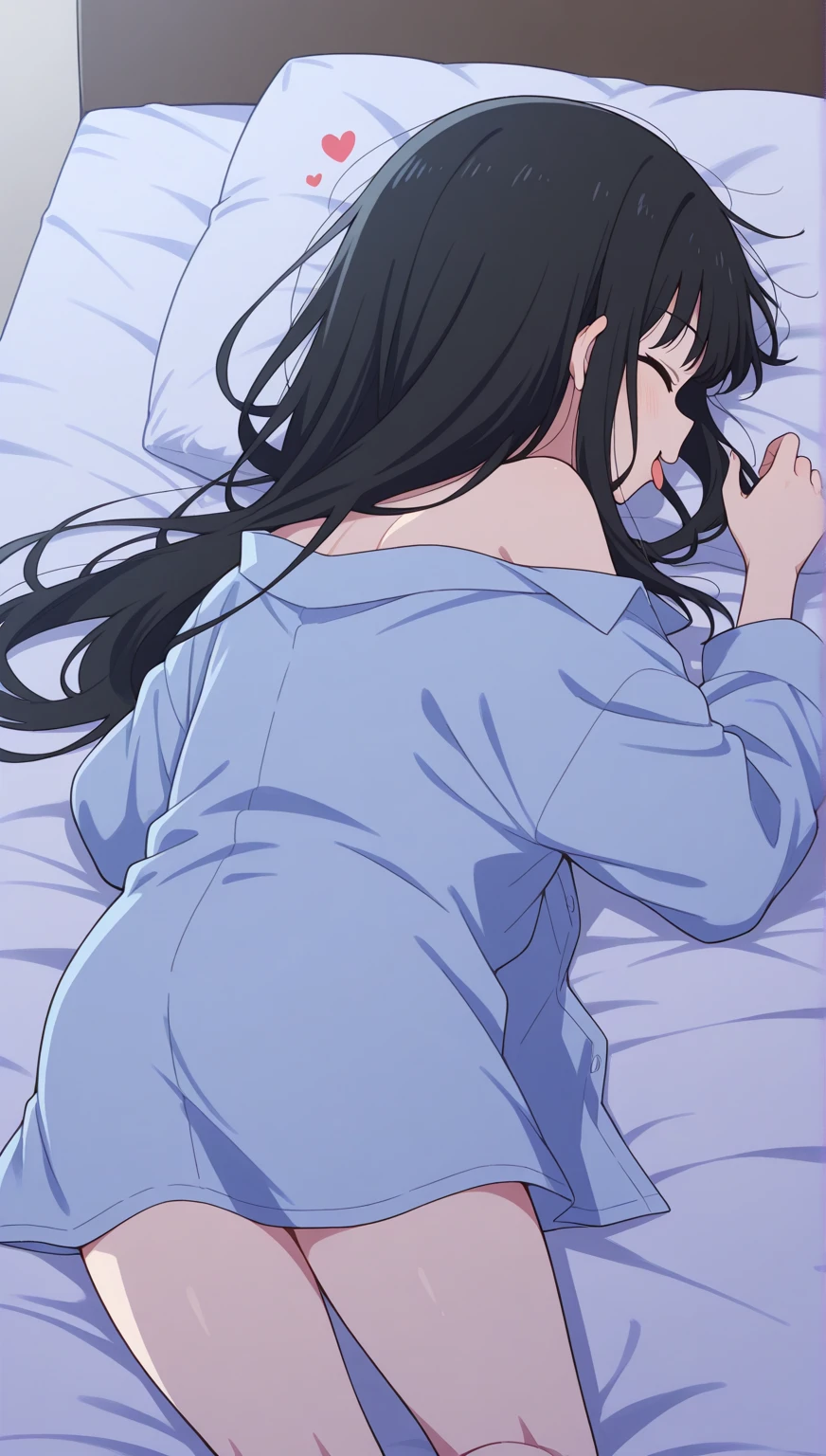 (1girl in),(beautiful eyes finely detailed, Face to detail, black hair, long hair), wearing long white shirt, facing away from the camera, backside, lying on bed with doggy style sex position, her body covered with blanket, bedroom, camera angle from behind, full body, masterpiece sidelighting, masterpiece, top-quality, detailed, High resolution illustration