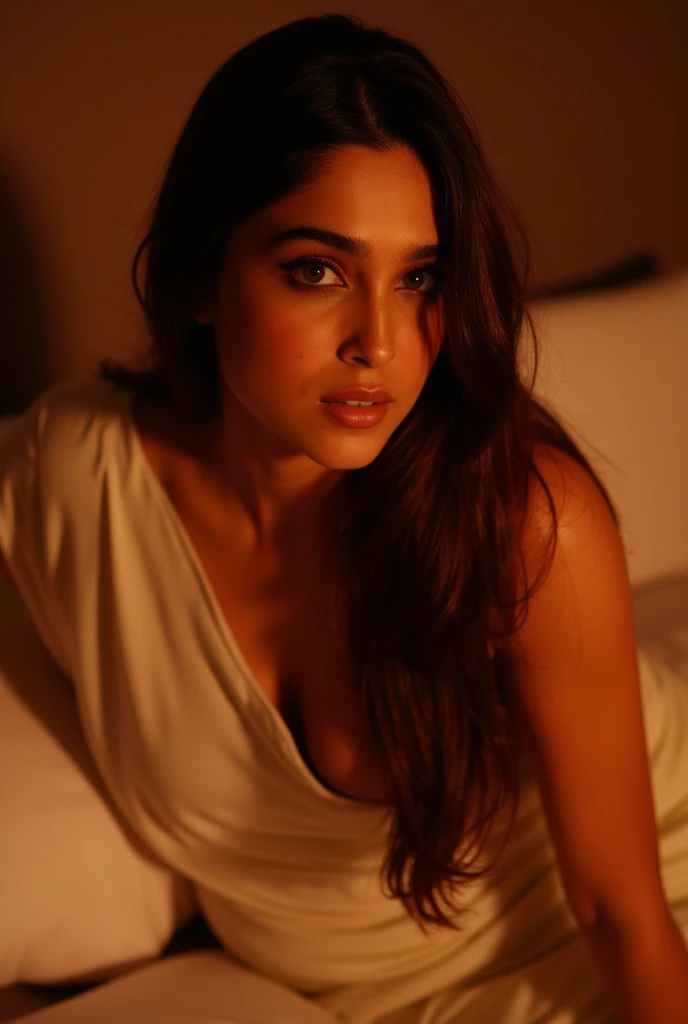 close up photo of 30 years old pooja hegde, in bed, lace lingerie, selfie style,no make up, trimmed eye brow, realistic photo