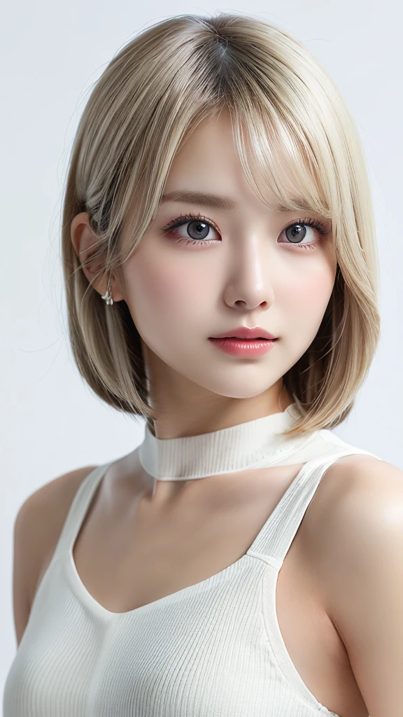 ((Bust-up photo:1.6))、((Like an ID photo:1.4))、((Apply beautiful makeup:1.6))、((Wearing a see-through negligee when naked:1.6))、((Strapless negligee:1.4))、((No underwear:1.6))、Natural Shading、((Moist eyes:1.3))、(K-Pop Idols)、Calm and goddess-like happiness、Look at the viewer with your whole body、((Slightly parted lips:1.3))、Natural Shading、((((Beautiful bob-cut gray hair))))、((Blonde Japanese Woman)))、(Short bob blonde:1.5)、masterpiece, Highest quality, 8k, Absurd, (Upper body:1.4), Beautiful girls, Beautiful face, Looking at the audience, Laughter, Surreal, High resolution, picture, Film Grain, chromatic aberration, Sharp focus, High resolution, フェイスLight, Dynamic Lighting, Light, Professional Shadow, Simple Background, (Dull grey background:1.4), Highest detail, Very detailed, Ultra-detailed, In detail, Real Skin, Delicate facial features, Detailed face and eyes, Sharp pupils、live action idol