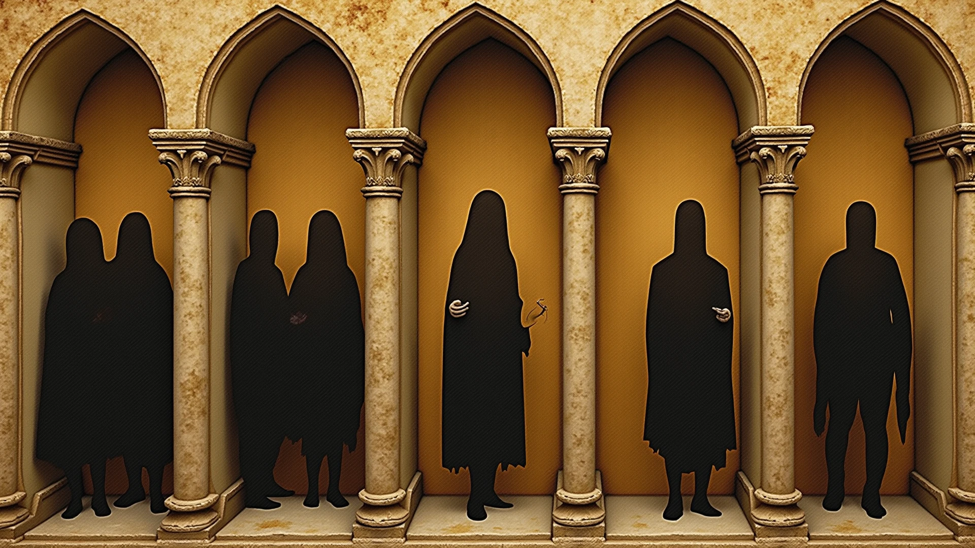 Create an image of 5 people dressed in black painting on a canvas