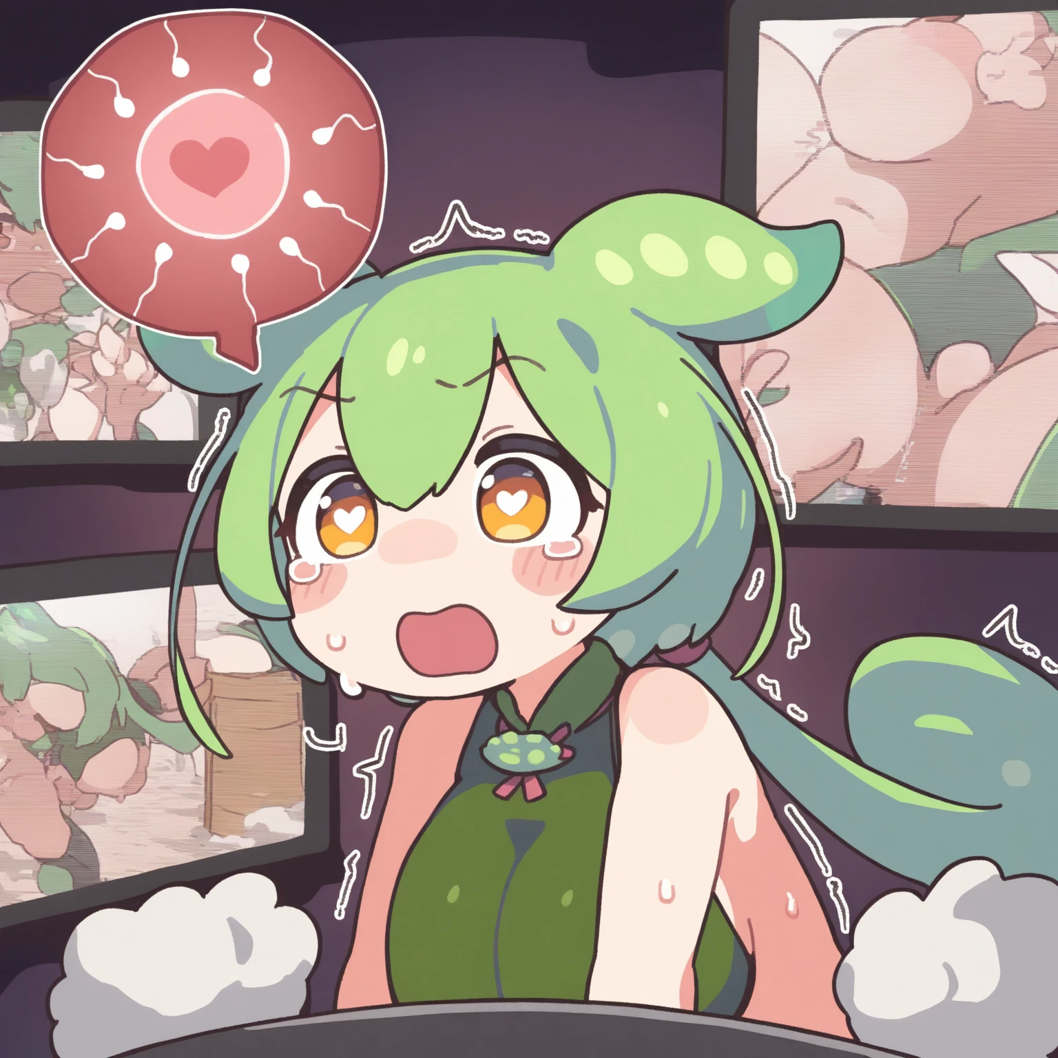 Pointed Ears, Green Hair, Green Eyes, short hair, short hair with long locks, , Live Stage, Browsing Caution. Large Breasts. naked. crying ,solo, nipple