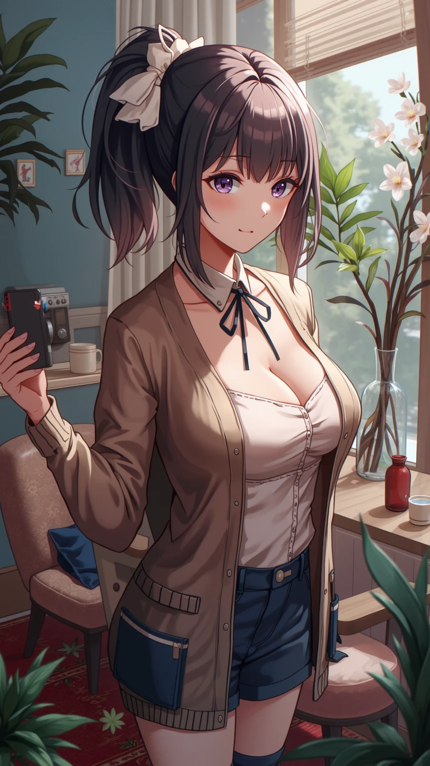 Highest quality、Ultra-high resolution、Fantasy、roleplaying game、Sexy shop assistant in her 30s with huge breasts、Inside the flower shop