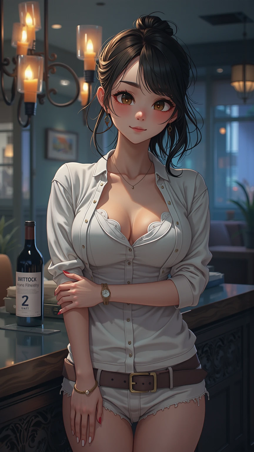 1 woman, sitting on a chair at a table, sexy curvy body, gorgeous, Dark dishevelled hair, languid and sad look, a little drunk, a bottle of wine on the table, holding a wine glass, (big tits), (waist is flat), wears black leggings and a very low-cut, tight white T-shirt, masterpiece,4k, hir realism