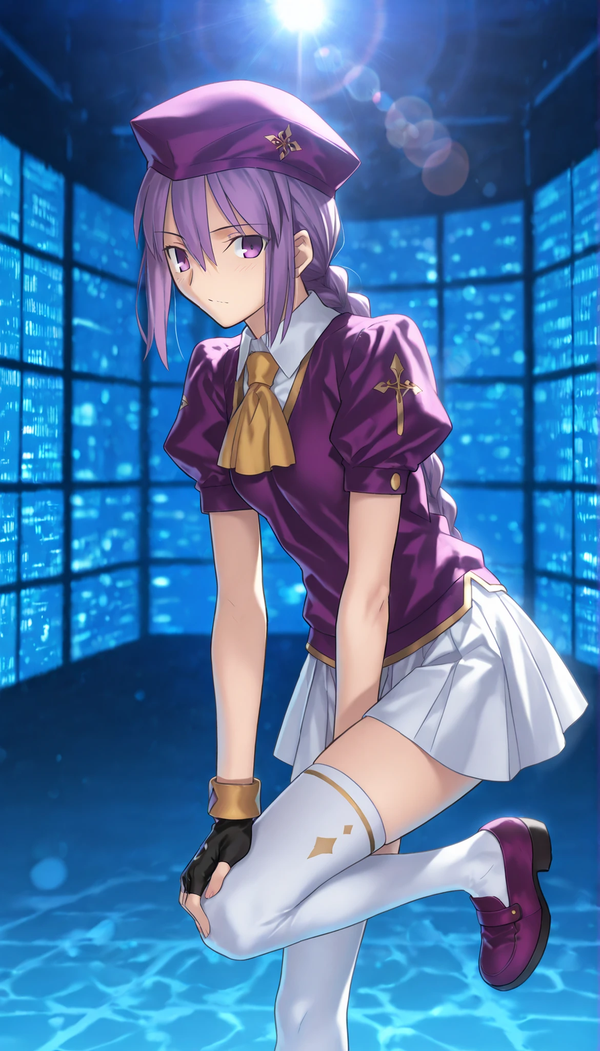 masterpiece, , absurdres, highres, detailed background, high resolution, masterpiece, necessary, detail, best quality, quality, necessary, details, High details, Precise, dark, outdoors, (((many blue square, technology company))), lens flare, blurry background, from side ,
1girl, Takeuchi Takashi (type-moon,tsukihime) style, takeuchi takashi style, (aged up), (standing on one leg), leaning forward,
girl, (slender body, slim arms, slim bod), (Sion) Eltnum (Atlasia) ,sion eltnam atlasia,(fate), purple hair , purple eyes, half-closed eyes, tsurime, hair between eyes ,long bang, long hair , braided hair , braided ponytail , yellow ribbon , EltnumOutfit ,small breasts, light purple sweater ,puffy short sleeves, collared undershirt , white undershirt , undershirt , yellow ascot ,(short sleeve), , white skirt , miniskirt , gold trim , white thighhighs , single glove , fingerless glove , black glove , dark purple beret , ,((head tilt)), looking at viewer,(small breasts),