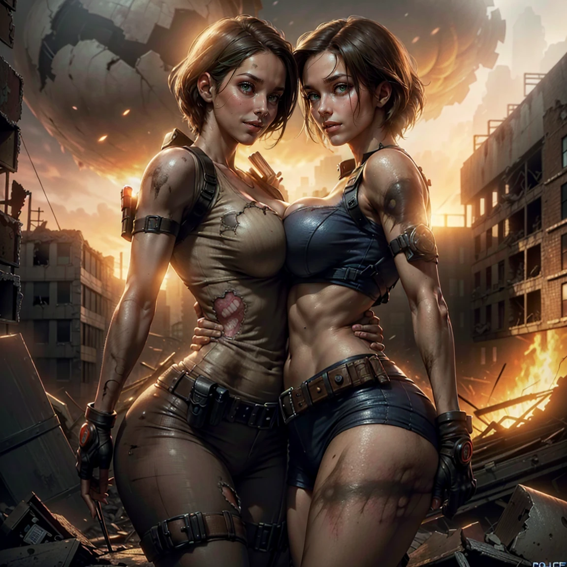 alita battle angel，Top crop top，trouser，denim short，Abs，Doomsday Twilight Street，Desert eagle in hand，Zombie siege