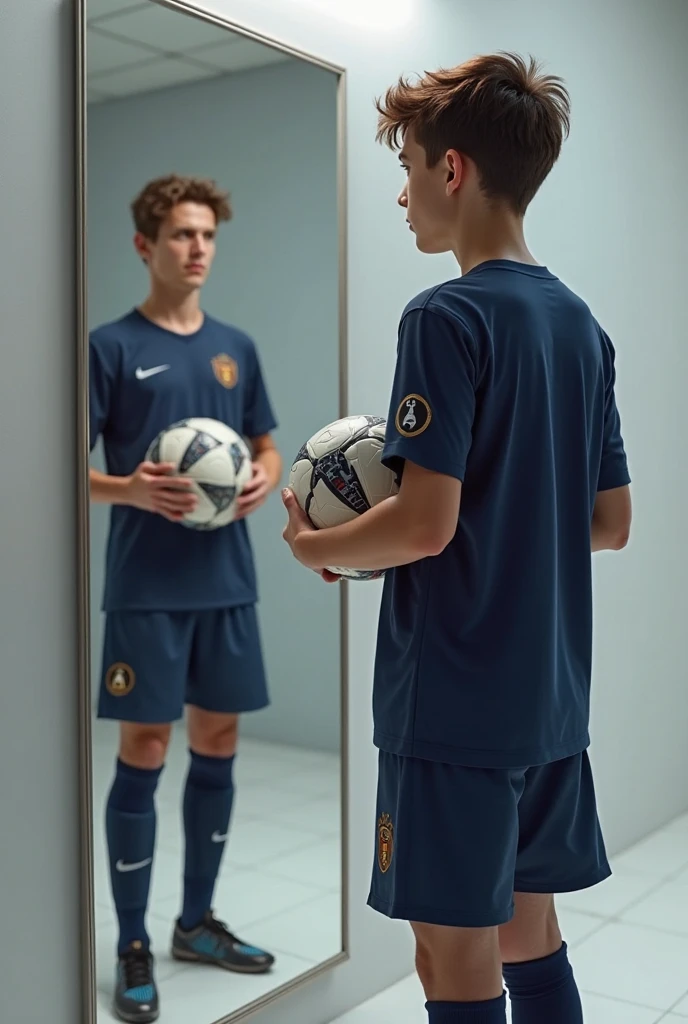 Show a young teenage boy, in the sports locker room Nike mecurial football boots without socks. The Nike swoosh should be clearly visible, just like the shoe on him. It should also be visible, that the shoe is realistic and original. The boy has styled hair and the sides on zero.