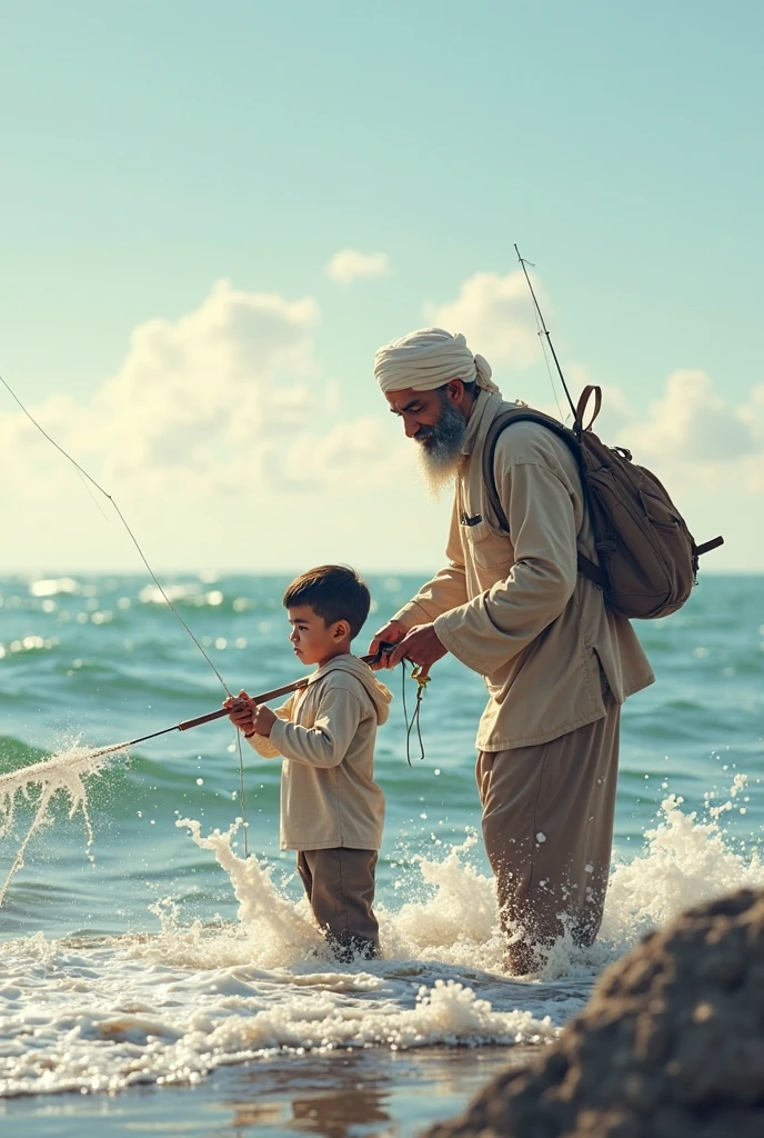 The boy helps his Muslim father remove small fish from the net on the boat.