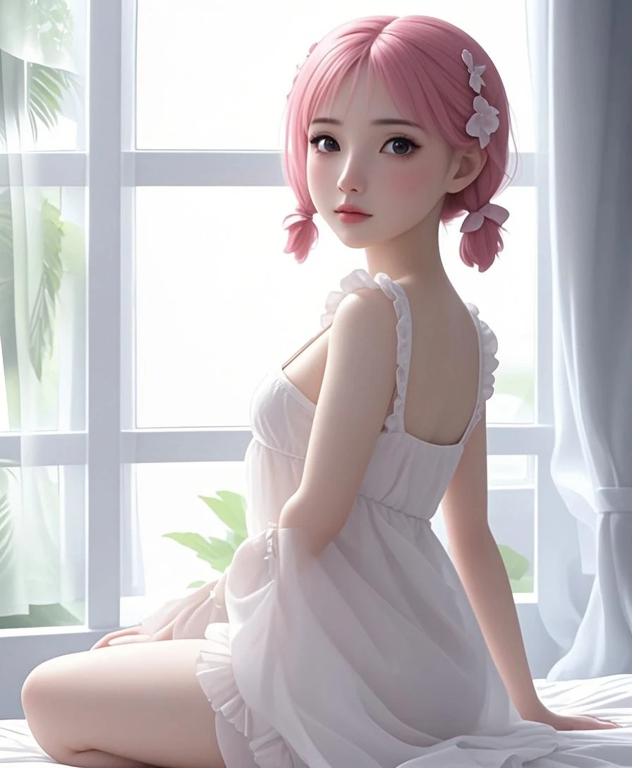 1 girl, alone, colorful, Realistic Skin, Attractive eyes, (18-year-old:1.2), student, beautiful, cute, (Perfect body:1.2), (Realistic anatomy:1.2), Japanese Idols, (K-POPアイドル:1.2), Realistic photos, RAW Photos, 4K, Fujiflim, Film Grain, (Cinema Lighting:1.4), Ray Tracing, (perfect stop temporarily:1.2), Hyper Detail, finely, Intricate details, Dolby Vision, stop temporarily,(((Very white skin、It has a white-like transparency、Wearing a small tank top、biologically correct stop temporarily、Casual stop temporarily that reveals panties、place your hands on the floor behind you、Wear plain white cotton side-string thongs with no embellishments,Focused gaze、areola is a beautiful pink color、nipples are very small、Sitting cross-legged、Big Breasts、))),High leg panties,pubic hair,Put your panties aside,(((下着の薄い素材をfinely描写、Detailed depiction of wrinkles in underwear、Detailed depiction of the pubic bulge、Detailed beautiful eye description)))、