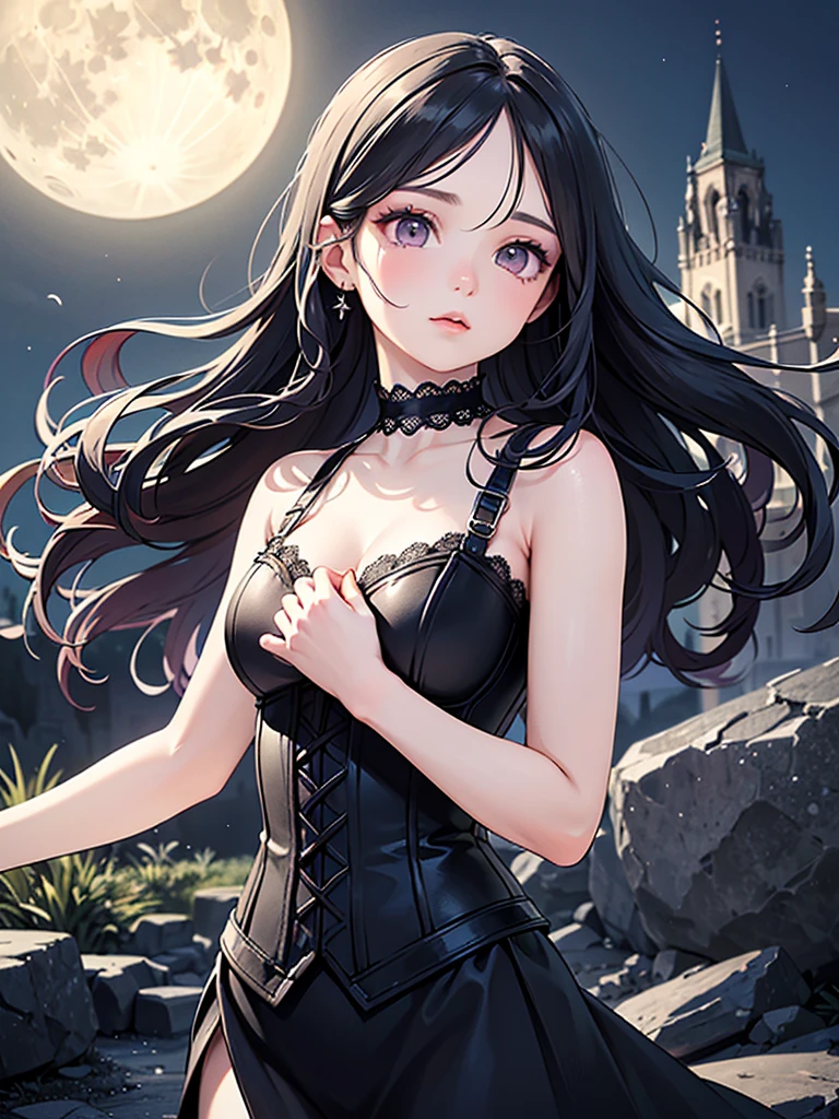highest quality, ultra high resolution, super detailed, gorgeous, masterpiece, best quality, high resolution finely detailed, distinct image, finely detailed, hourglass figure, immaculate and alluring body shape, 17 year old, 1 girl, solo, sharp facial features, oval shaped face, high-bridged nose, arrogant and smug expression, cherry red lips, dark velvet colored eyes, medium height(175cm), slim curves, toned body type, flowing waist length hair, sleek dark violet-black hair, narrow waist, long slender legs, modern city setting, flawless lightly tanned white skin, frilly off-shoulder blouse, long pleated skirt, E cup breasts