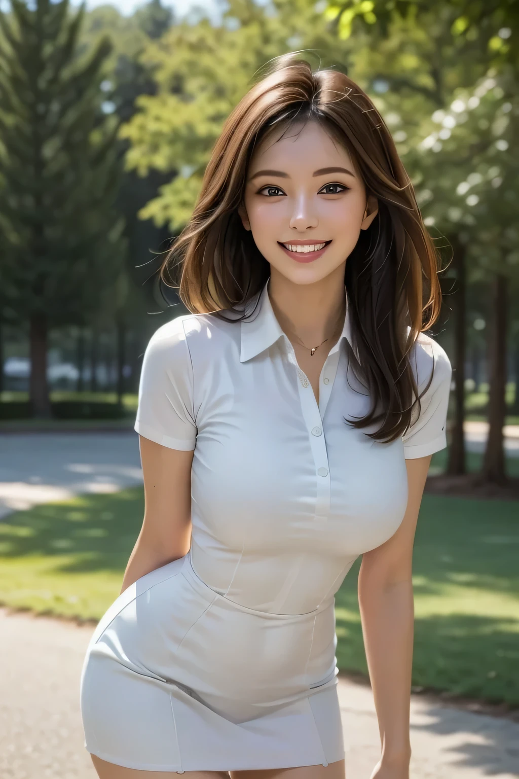 (masterpiece, Top Quality, high resolution, surreal, perfect pixels, 4K), 1girl, solo, beautiful face, mature, brown eyes, eyelashes, realistic eyes, grin, (Smooth Texture: 0.75, realistic texture: 0.65, realistic:1.1), middle Breasts, dynamic angle, perfect body, necklace, (white collared shirt, tight miniskirt), standing, Excellent, (cowboy shot), evening, (background: Forest Park )