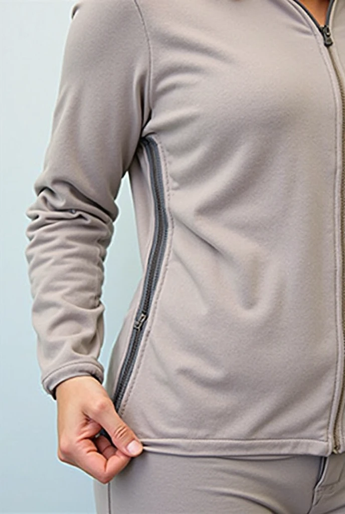 La misma modelo con una sudadera y pantalones cortos ajustados, gym