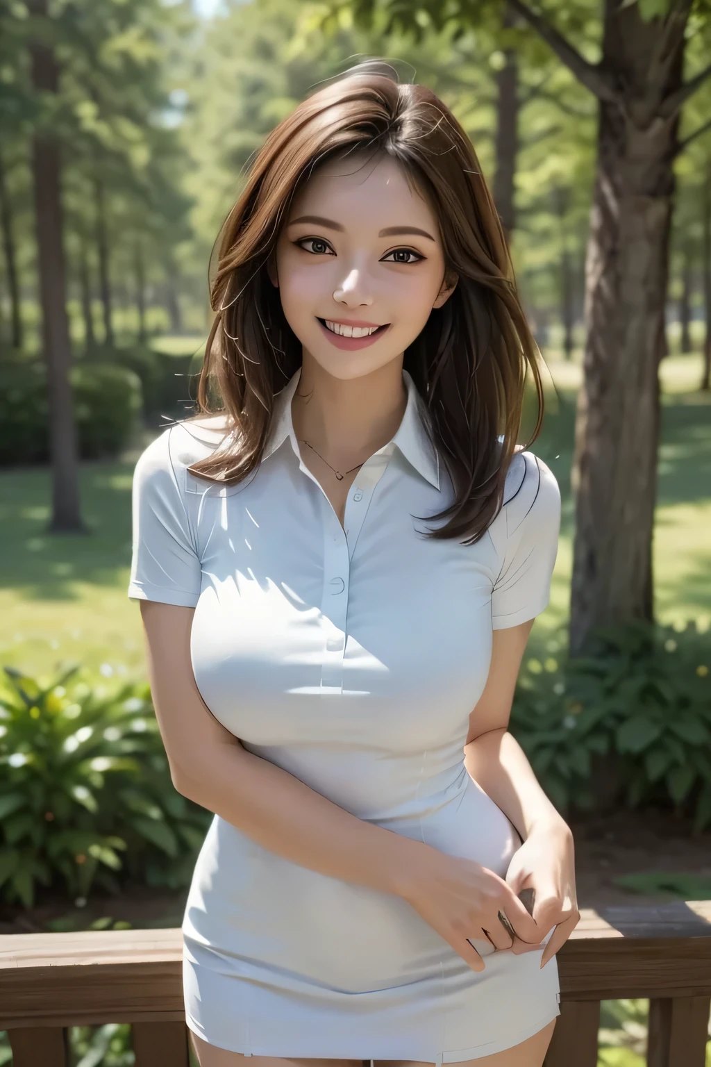 (masterpiece, Top Quality, high resolution, surreal, perfect pixels, 4K), 1girl, solo, beautiful face, mature, brown eyes, eyelashes, realistic eyes, grin, (Smooth Texture: 0.75, realistic texture: 0.65, realistic:1.1), middle Breasts, dynamic angle, perfect body, necklace, (white collared shirt, tight miniskirt), standing, Excellent, (cowboy shot), evening, (background: Forest Park )