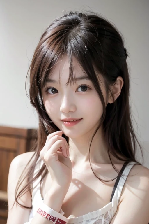(masterpiece:1.3), (8K, Photoreal, Raw photo, best image quality: 1.4), japanese girl、14 years old、(ponytail:1.2)、(Tie your hair with a scrunchie or ribbon:1.2)、super detail face、eye for details、double eyelid、huge breasts、sharp focus:1.2、(cute woman:1.4)、light brown hair、bangs、highest quality、Super high resolution、(Photoreal:1.4)、Highly detailed and professionally lit smiles、(super detailed sexy bra:1.4)、thin、smile、long hair、upper body portrait