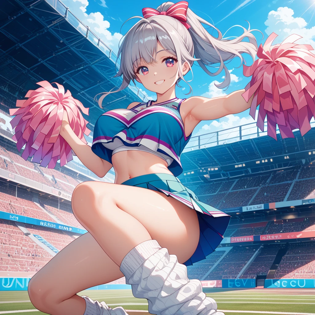 raise one leg、panty shot、cheerleader beauty、silver hair upstyle、((whole body))、(((photo taken from below)))、baseball Ground