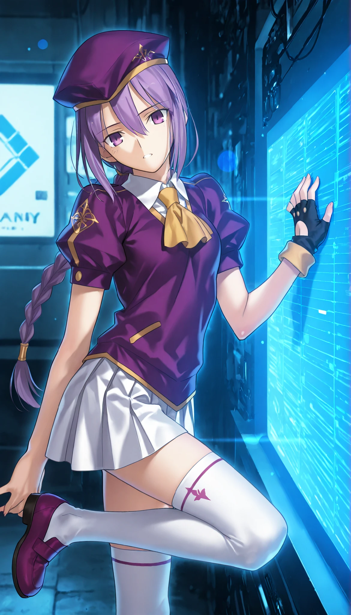 masterpiece, , absurdres, highres, detailed background, high resolution, masterpiece, necessary, detail, best quality, quality, necessary, details, High details, Precise, dark, outdoors, (((many blue square, technology company))), lens flare, blurry background, from side ,
1girl, Takeuchi Takashi (type-moon,tsukihime) style, takeuchi takashi style, (aged up), (standing on one leg), leaning forward,
girl, (slender body, slim arms, slim bod), (Sion) Eltnum (Atlasia) ,sion eltnam atlasia,(fate), purple hair , purple eyes, half-closed eyes, tsurime, hair between eyes ,long bang, long hair , braided hair , braided ponytail , yellow ribbon , EltnumOutfit ,small breasts, light purple sweater ,puffy short sleeves, collared undershirt , white undershirt , undershirt , yellow ascot ,(short sleeve), ,white skirt ,miniskirt , gold trim ,white thighhighs ,single glove ,fingerless glove, black glove ,dark purple beret, ,((head tilt)), looking at viewer,(small breasts), touching computer,