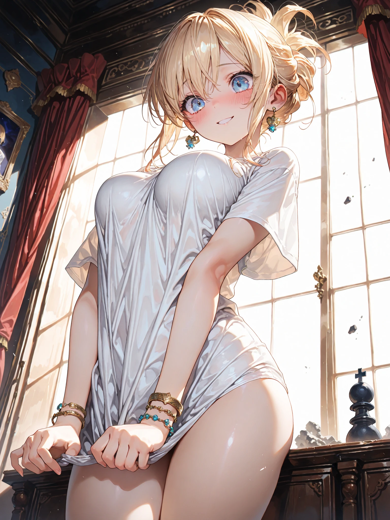 Anime style, super fine illustration, super clear illustration, highly detailed, beautiful detailed, super pale tone image, super delicate illustration, super calm & static image, sexy posing image, static representation, gentle expression, 8k, angle from behind, pretty 1girl with blonde straight short hair & blue eyes & a bright smile & Big breasts & wide hips & pink nipples & soft fair skin is wearing the Traditional maid dress not to show her skin in the urban room, maid cosplay, in the midnight, night view throught the window, solo, perfect fingers, perfect arms, perfect legs, masterpiece.
