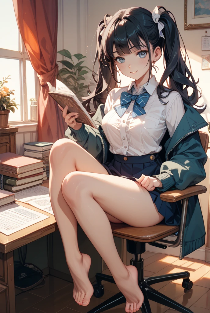1girl, ishtar \(fate\), fate \(series\) \\\\\ masterpiece, best quality, very aesthetic, absurdres, newest \\\\\\ slim body,///// ,by nyantcha,cutesexyrobutts , by khyle,,////// beautiful face, sexy, red eyes, , at school, windows, greenery, sweater,skirt,at desk