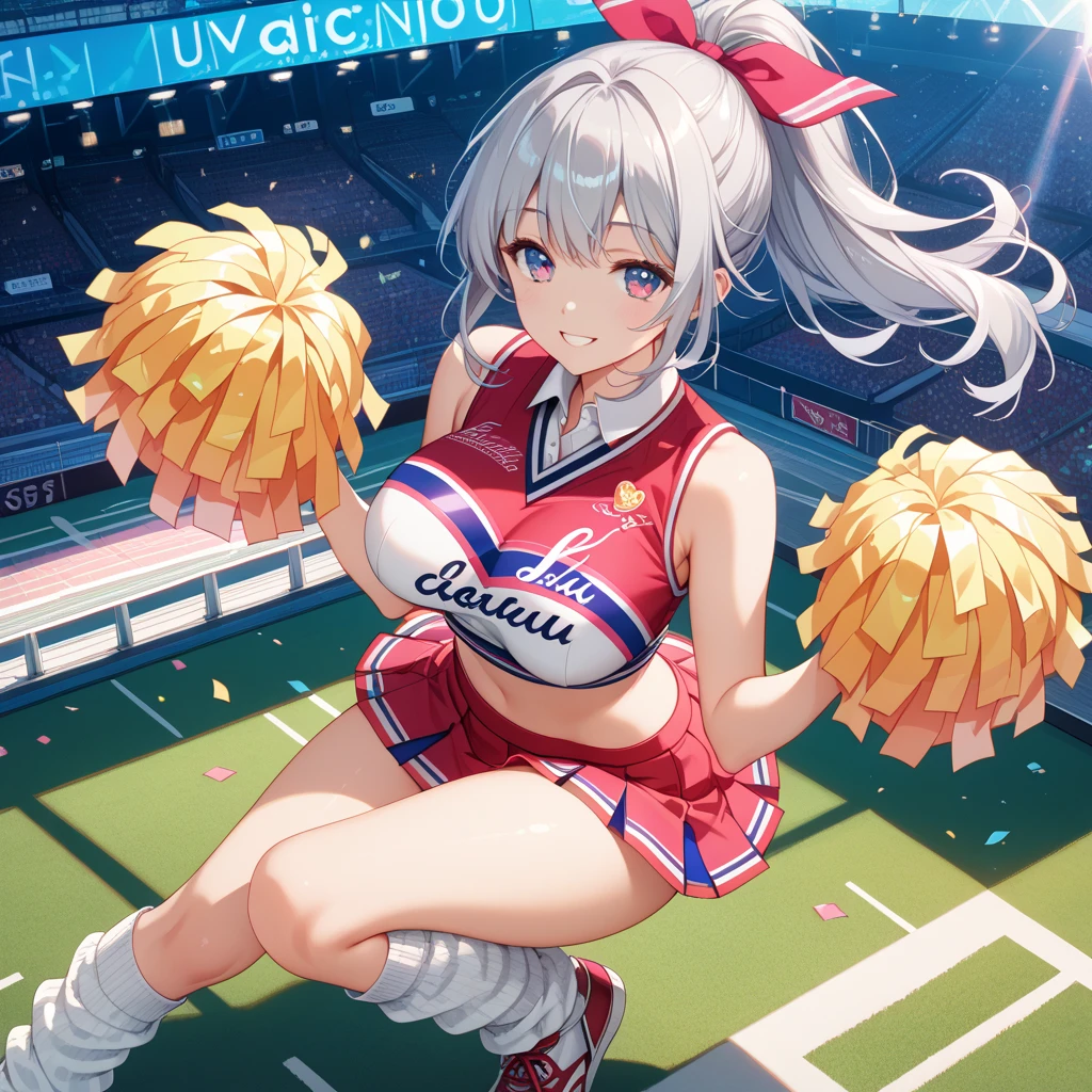 (masterpiece:1.3), (8k、highest quality:1.4), (Best image quality, Intricate details, High resolution, Depth Field, Natural light, Professional Lighting), (1 girl), (alone), (Asian Girl, Very beautiful 18 year old manga girl), (Very beautiful woman、A charming beautiful woman, 美しい銀髪のBobcut, 強い青いeye, 強いeyeのハイライト, Very large breasts, Perfect Anatomy, Dynamic Lighting, Lip gloss), A beautiful face with perfect symmetry, Beautiful detailed woman, Very beautiful detailed face, とても美しい詳細なeye, Smile at the audience, Smiling very happily, Beautiful Teeth, Beautiful Teeth alignment, Very detailed, Very detailed, Beautiful Teeth, Beautiful Teeth alignment, Very detailed, Very detailed, ((Detailed cheerleader:1.2)), The light shines on your face, ((Dynamic pose)), Bobcut, Crossed bangs, Asymmetrical bangs, Long neck, Show me your ears, Vanish'eye, eyelash, cute, Very large breasts、Very beautiful and big, very beautiful breast shape, Beautiful cleavage, Tall Supermodels, Long-legged supermodel, Supermodel dressed as a cheerleader, Strike a Pose, Dressed as a cheerleader, Woman close up, To the camera, Laughter, (Cheerleader Outfits), ((head band, Sleeveless shirt with open chest, flare skirt, mini skirt)), A young and slender gravure idol, Young Gravure Idol, Young Gravure Idol, Stadium background in the daytime