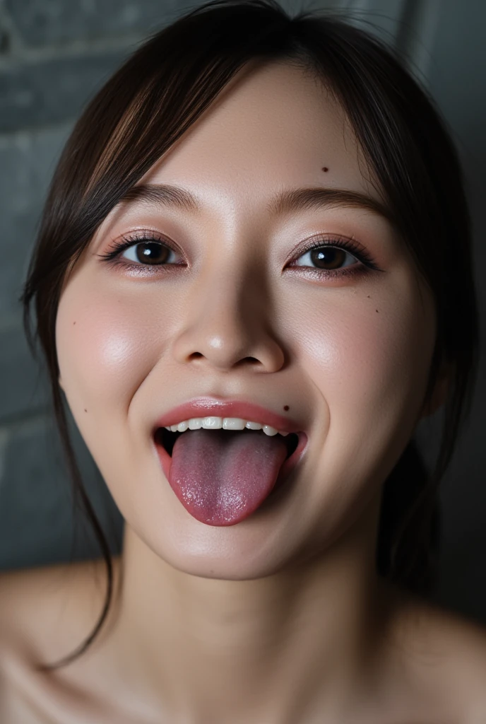 (Highest quality、Tabletop、8k、Best image quality、Award-winning works)、pretty girl、Perfect girl portrait photo、Glowing Skin、Brown Hair、Standing Elegantly、Glowing Skin、White skin、(Face close-up:1.6)、(Open your mouth and extend your tongue:1.4)、(Perfect beautiful tongue:1.2)、(The tongue is covered with saliva:1.1)、(Moist, Shiny, Shiny舌:1.2)、Moisturized Skin、Sweaty skin、Moist髪、Hot Face、Sweaty woman、Cute Smile、(The simplest beige background:1.1)