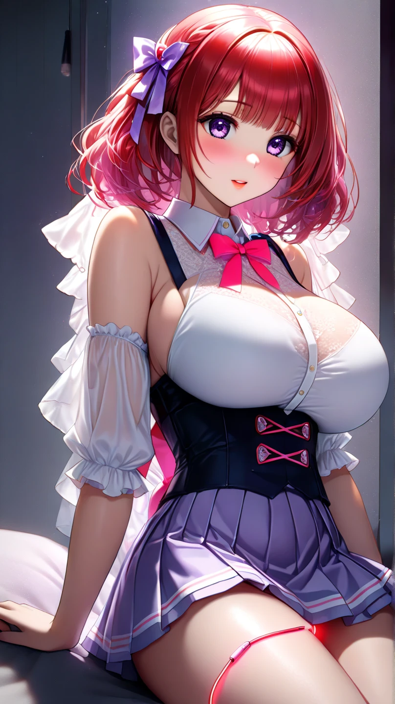 best quality, masterpiece, highly detailed,1girl, Arima Kana, , (masterpiece:1.5), Detailed Photo, Smiling, Sexy, (8K, Best Quality: 1.4), (1girl), Beautiful Face, (anime realistic Face), (Red Hair, short Hair: 1.3), Beautiful Hairstyle, Realistic eyes, beautiful detail eyes, (white skin), beautiful skin, absurd, attractive, ultra high resolution, ultra realistic, high definition, golden ratio, (sexually aroused:1.5), Pinkish white skin, cool white light, sexy pose, Beautiful , white background, pink soft white light,