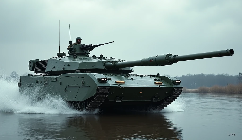 <lora:King_Tiger_Tank:0.8> a king tiger tank sits partially submerged in a river