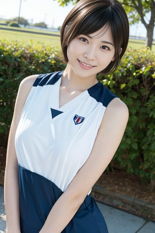 （8k、Raw photography、highest quality、masterpiece：1.2),(black haired、very short hair:1.8),(twin mitsu braid:1.4)、show viewer,Looking at the front,erotic,white skin,(she is wearing a beach volleyball uniform。.:1.7)、()、(Clothing that emphasizes the shape of your chest、Clothing that exposes a lot of skin:1.8)、(big breasts :1.4)、slim body shape、ultra high resolution,beautiful,beautiful fece,(alone、no background:1.9),whole bodyボディー,japanese woman,（Photoreal：1.37）、photon mapping,reality、(Baby-faced and cute: 1.0)、(cute smile: 1.7)、(With a round face: 1.7)、radio city、Physically based rendering、depth of field rally background、photograph, (I can see your knees,legs spread、close up of thighs:1.7),whole body、super fine