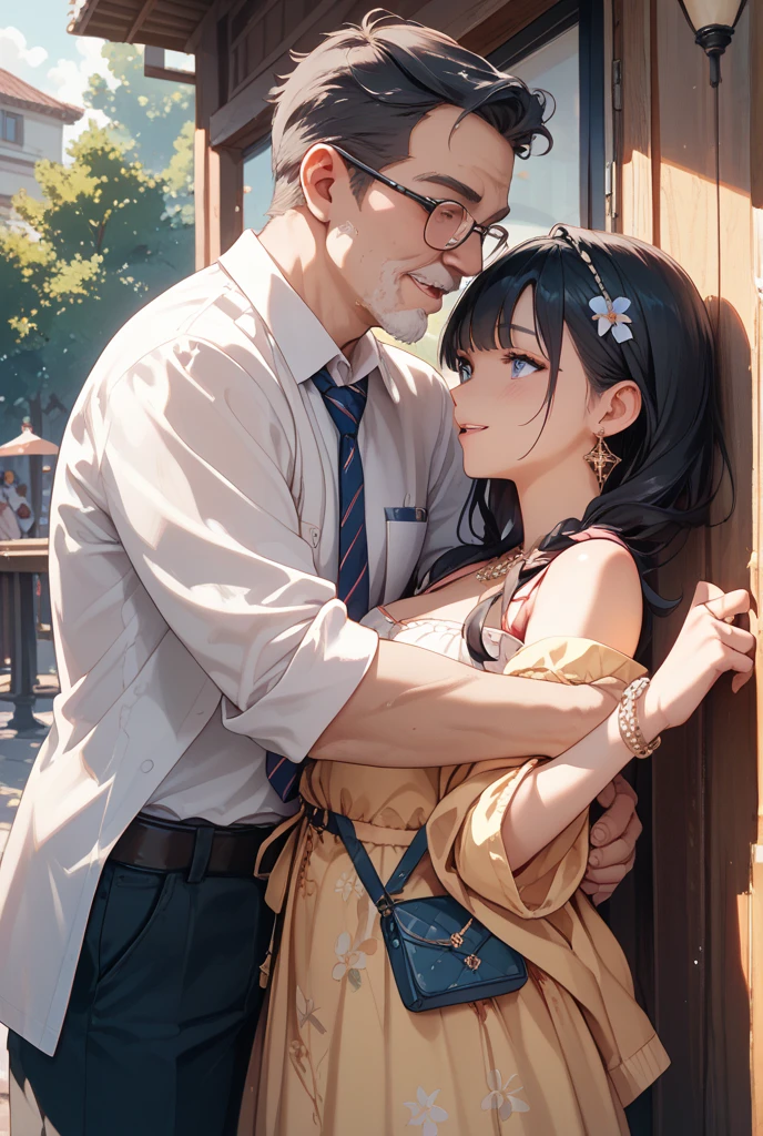 A young couple is romancing inside a vintage house. The woman is semi-clothed and has big hips. It is evening.