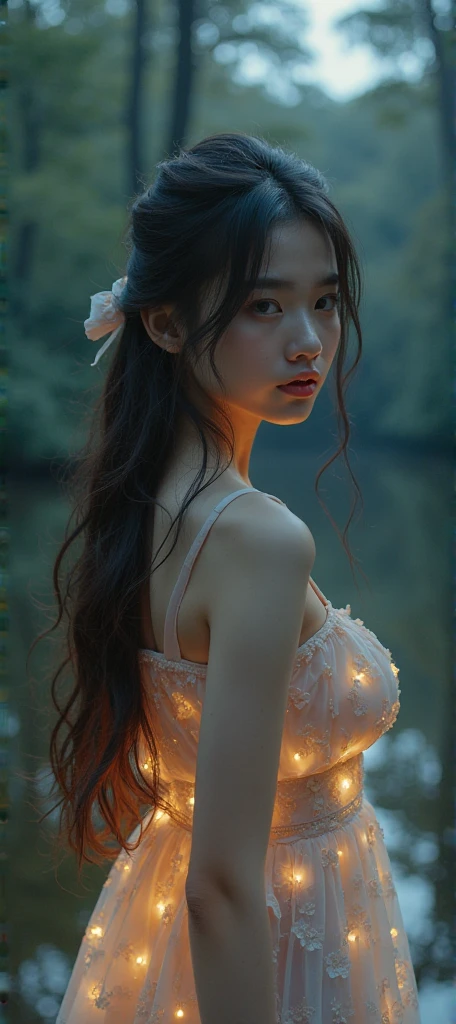 a cute asian girl, naked body, nude breast, long flowing hair, ethereal, delicate facial features, porcelain skin, dreamlike, whimsical, fantasy, magical, surreal, (best quality,4k,8k,highres,masterpiece:1.2),ultra-detailed,(realistic,photorealistic,photo-realistic:1.37),detailed eyes,detailed lips,extremely detailed face,longeyelashes,fantasy landscape, glowing orbs, soft lighting, pastel colors, romantic, ethereal atmosphere