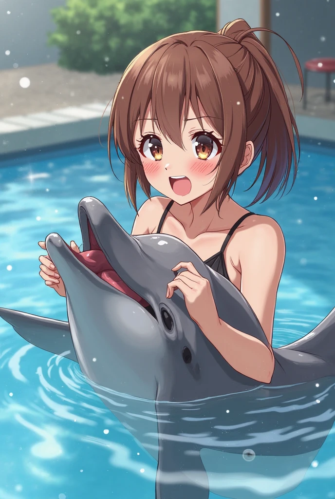 alone, One girl, Yunyun、blush 、View your viewers, Crown braids of the same color as your hair, Red Eyes、hair ornaments, Hair Ribbon, (White and pink bikini)、(Girl riding a dolphin float in the pool:1.o wet、(A happy look:1.5)