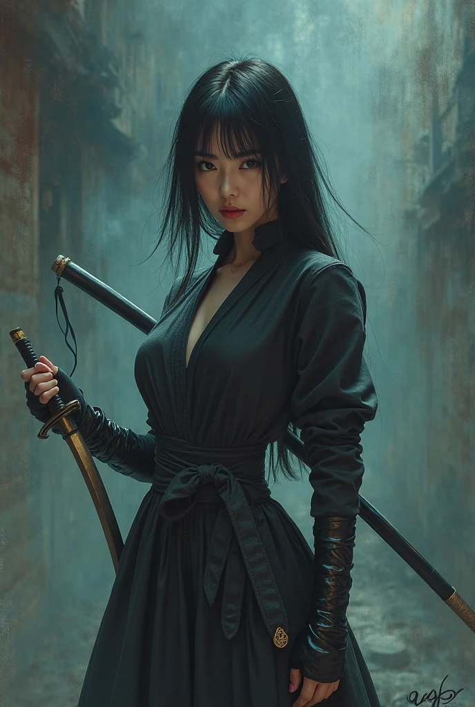 Photographic quality, capture the composition of a female samurai (face AnnaSophia Robb) (Gothic Slavic girl) With a sword (katana) in hands and black gothic outfit, pointing sword(katana) on the enemy. hold the sword with both hands,Dark and ruthless hard - boiled style, Michelangelo, digital illustration art & Pen Tablet, Dark & Cold light —v 5.2,(Black Style),menacing pose,holds the handle of the katana firmly with both hands, Ferocious view, brandishes a katana,