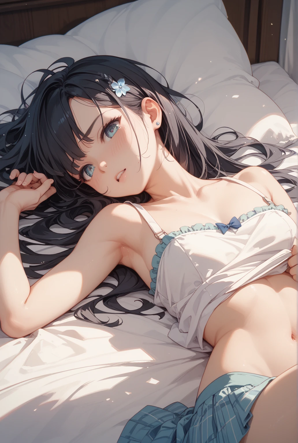 a girl in anime form laying on grass at night near stars and sky, 1girl, solo, navel, looking at starry sky, outdoors, jewelry, hair ornament, sky, flower, blush, skirt, earrings, breasts, night, bare shoulders, bangs, star (sky), starry sky, midriff