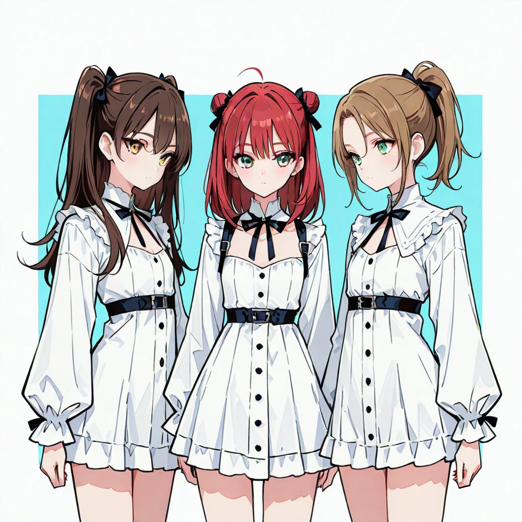 Liss Greyrat, 1girl, Ahoge, bangss,  shoulders​, black hairband, Brown skirt, a closed mouth, Clothes Cutout, arms folded, hair between eye, shairband, length hair, long-sleeve, Look at viewers, red eyes, red hairs, Shoulder clippings, simple background, Black shorts,beauty legs　 独奏, Hi-Res, Harm, mushoku tensei　grass field　randome pose　small 　15yo student　small stature