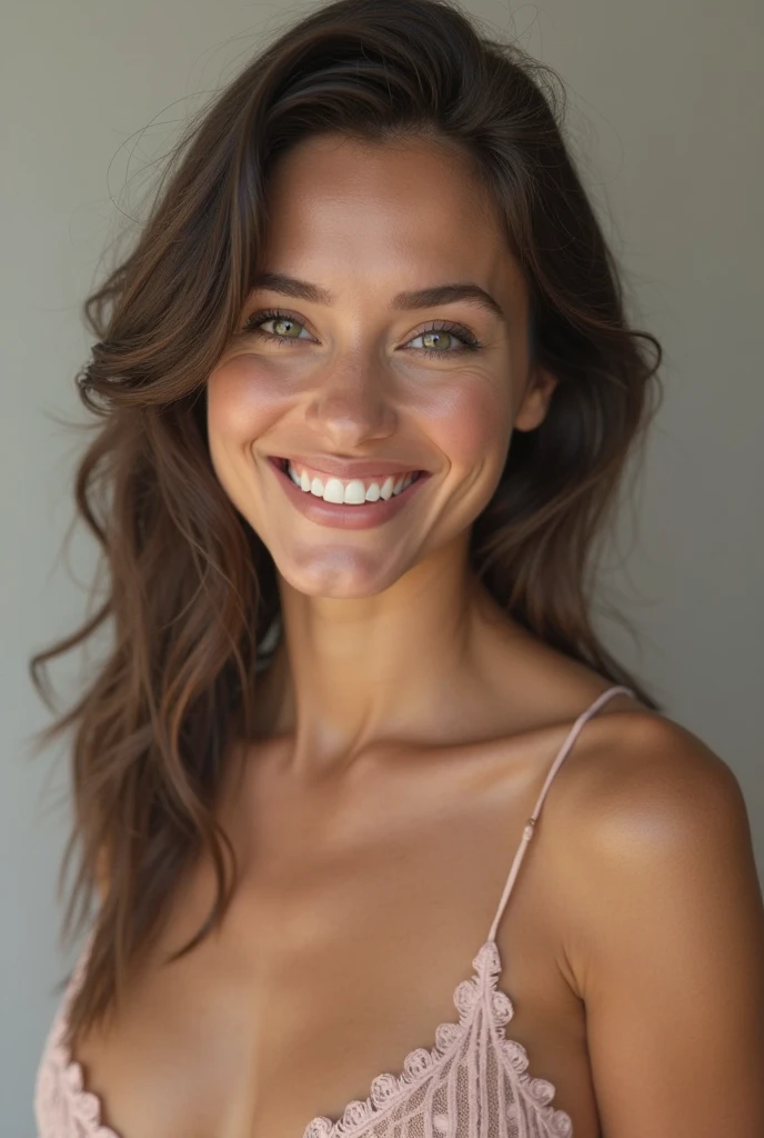 Jolie belle brune en maillot noir sexy,Coupe-bas, très détaillé, 18 ans, visage innocent, cheveux naturellement ondulés, yeux verts, haute résolution, qui regarde l'objectif de la caméra, Sourire charmant
