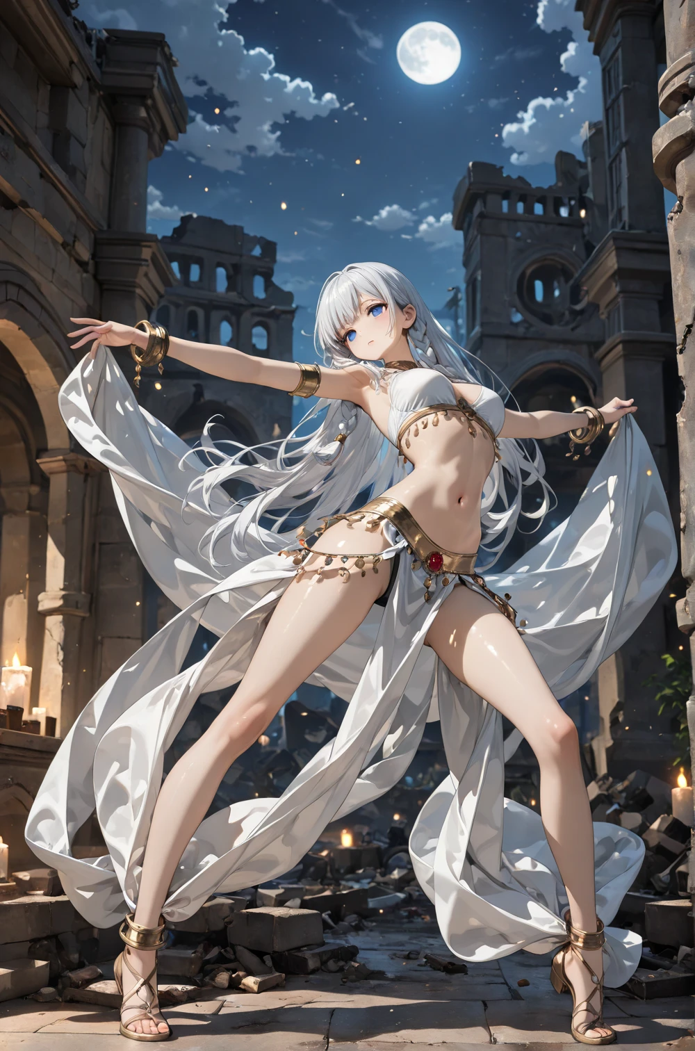 (crystal artifact), (metallic accessory), (erotic priestess), (white bikini)(gold rim), (sharp thong)(highleg), narrow constricted waist, bellybutton, narrow hips, (dark color)eyes(highlights), slender legs, fantasy, mythical altar, (stone sculpture)encrypting