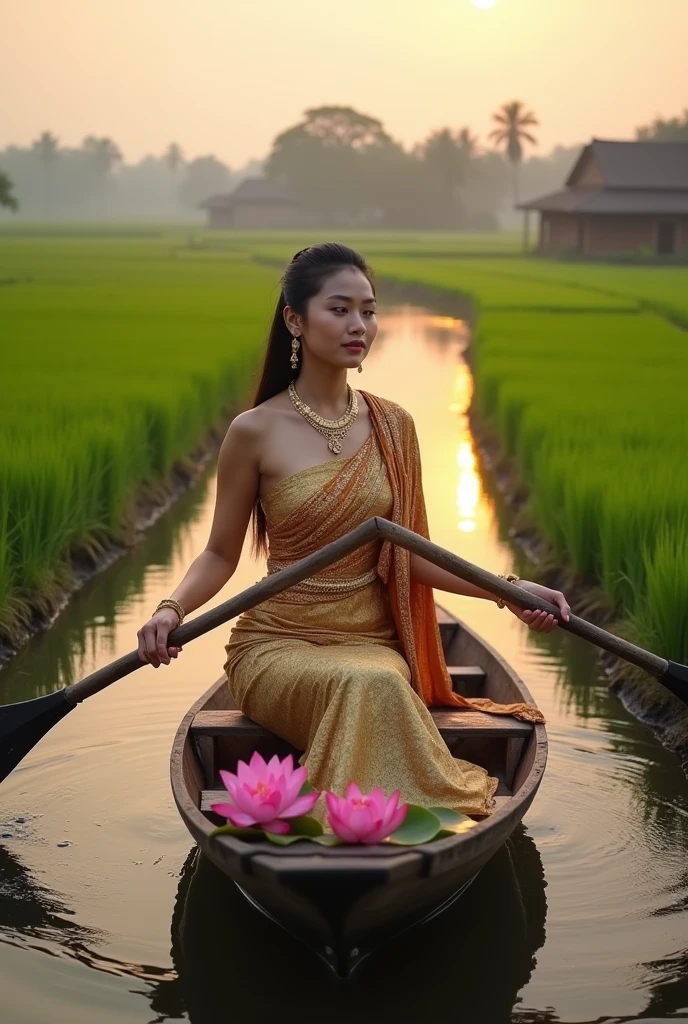 a beautiful Javanese girl with unbelievable javanese beauty is riding a sampan, her traditional kemben shimmering in the sunlight, surrounded by the tranquil waters of her village. The photorealistic image captures her grace and the serene ambiance