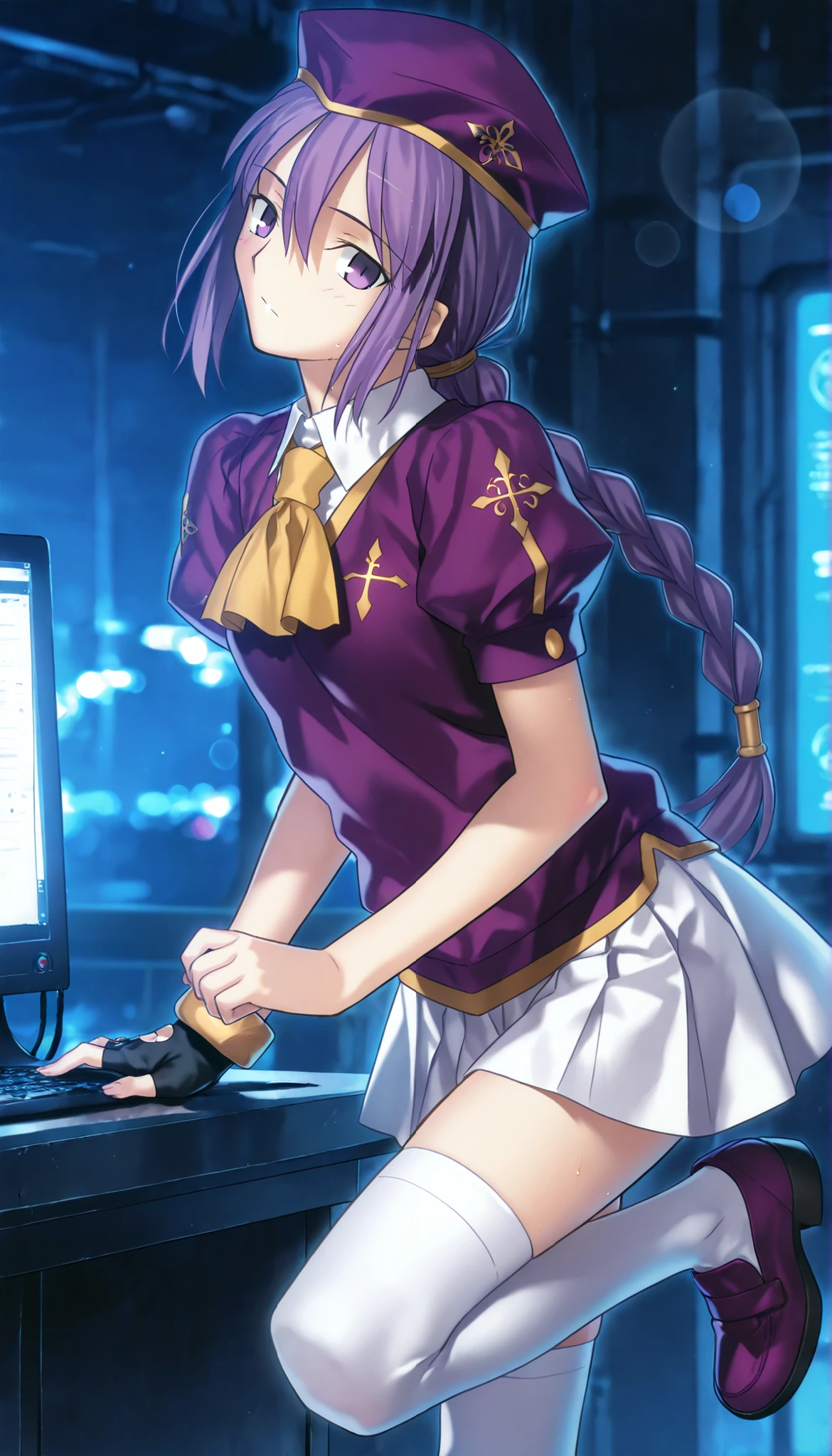 masterpiece, , absurdres, highres, detailed background, high resolution, masterpiece, necessary, detail, best quality, quality, necessary, details, High details, Precise, dark, outdoors, (((technology company))), lens flare, blurry background, from side ,
1girl, Takeuchi Takashi (type-moon,tsukihime) style, takeuchi takashi style, (aged up), (standing on one leg), leaning forward,
girl, (slender body, slim arms, slim bod), (Sion) Eltnum (Atlasia) ,sion eltnam atlasia,(fate), purple hair , purple eyes, half-closed eyes, tsurime, hair between eyes ,long bang, long hair , braided hair , braided ponytail , yellow ribbon , EltnumOutfit ,small breasts, light purple sweater ,puffy short sleeves, collared undershirt , white undershirt , undershirt , yellow ascot ,(short sleeve), ,white skirt ,miniskirt , gold trim ,white thighhighs ,single glove ,fingerless glove, black glove ,dark purple beret, ,((head tilt)), looking at viewer,(small breasts), touching computer,