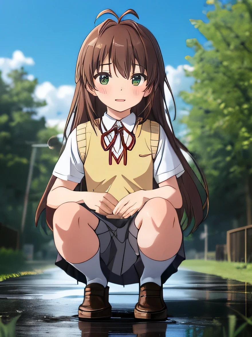 (masterpiece, top quality, ), EXTREMELY detailed CG Unity 8k wallpaper, high definition, bold composition, masterpiece, best quality, amazing quality, very aesthetic, high resolution, ultra-detailed, absurdres, newest, scenery, depth of field, lighting , artistic composition screencap, flat anime, 1 girl, non-committal, dwarf, school uniform, sweater vest, neck ribbon, brown hair, long hair, antenna hair, bangs, 5 heads tall, tiny , short legs, stocky legs, green eyes, Squatting with , turning around, nose blush, gray skirt, cover she's face with one's hands, Puddle at she's feet, pumph, loafers