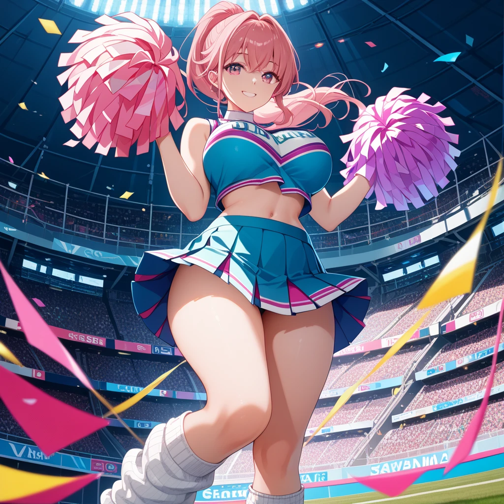 (Masterpiece) (High Detail) (High Res) A close up of A short petite humanoid girl with pale human skin, bright turquoise-coloured eyes, long pink hair in a braid and large fluffy pink dog ears and a big fluffy pink dog tail and average . She is stood alone on the pitch in a sports stadium and is wearing a cheerleader outfit and is carrying a pompom in each hand. Short skirt. Pink Hair. Pink Tail.