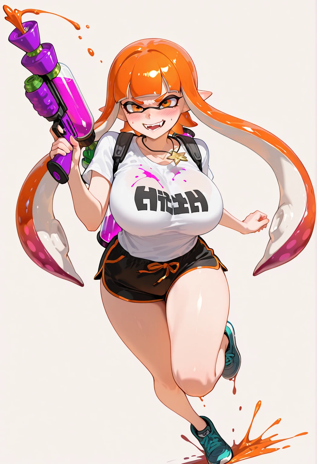 masterpiece、Highest quality、High resolution、One Splatoon girl、AS-Adult、Laughter、(Tsundere)、Golden Eyes、blush、Pink twin-tail tentacle hair、shirt、Skirt、((Huge boobs、Cleavage))、Chirarizum、((Japanese high school uniform))、Seraphim、Summer clothes、(See-through bra)、Full body portrait、Real Anime、3d、school、In front of the school gate、Situational Art、