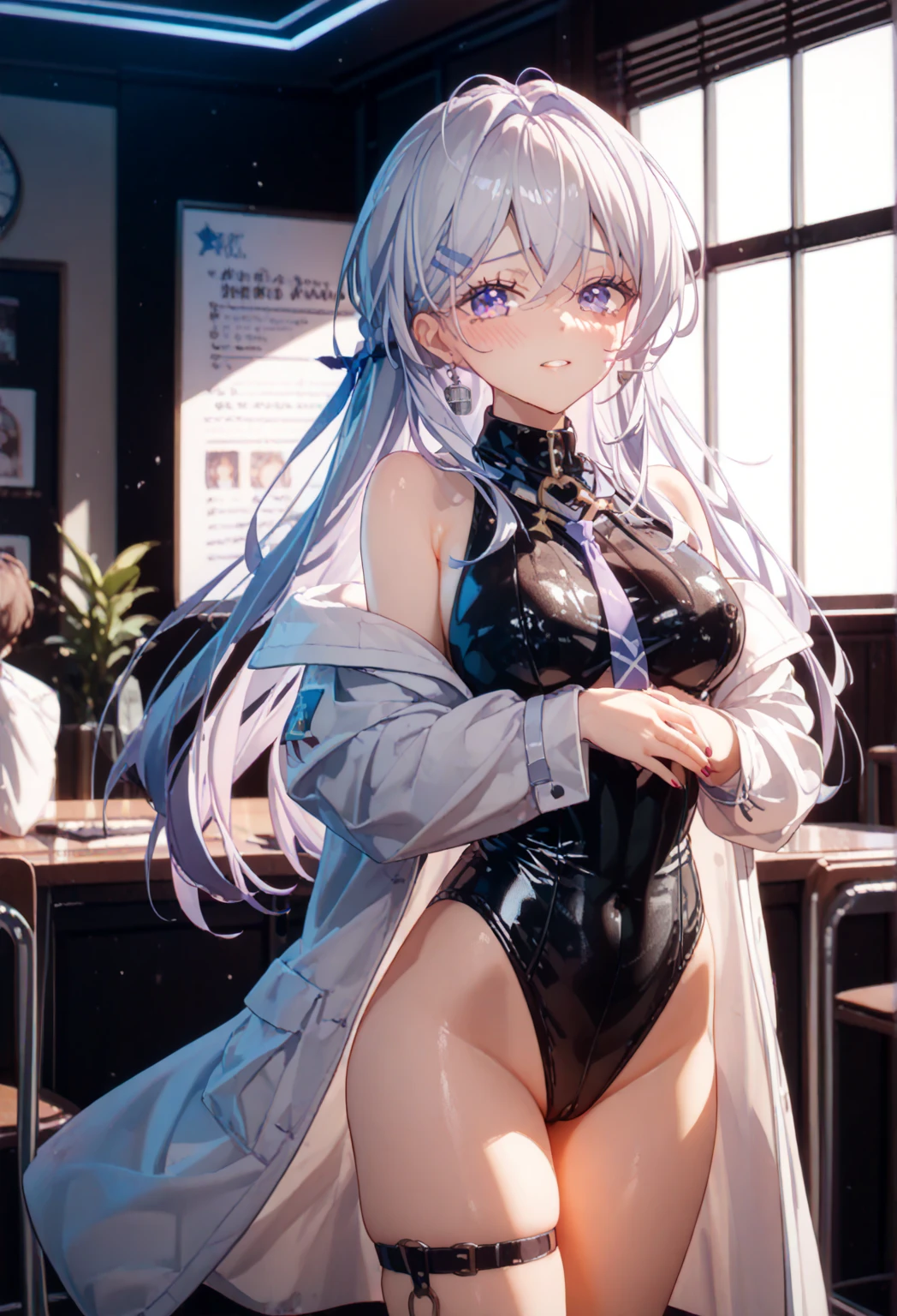 Score_9, Score_8_up, Score_7_up, ASCII masterpiece, source_anime, BREAK, 1girl, solo, mikuizayoi, miku izayoi, bangs, blunt bangs, hime cut, hair ornament, long hair, blue eyes, blue hair, blush, naughty face, big breasts, ((thin waist, wide hips, beautiful skin, beauty, extraordinarily beautiful woman, attractive woman, super sexy woman, lustful body, sexy with seductive and obscene body, sensual body, voluptuous body, )), obscene cleavage, bunny playboy, light blue leotard, detached collar, fishnet pantyhose, light blue pantyhose, fake bunny, light blue fake bunny ears, indoors, shiny clothing, shiny skin, bar, nightclub, fancy decorations, cowboy shot, from above, looking at viewer , hands behind the back (detailed face, detailed eyes), delicate features, soft lighting, warm colors, pastel colors, seductive smile, cute and sexy,
Show less