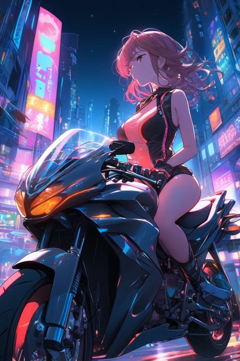 biker girl, neon sportive motorcycle, ultra detailed face, glowing lips, sleeveless ,Leather one-piece garment, Short messy hair, yellow glowing eyes, Dark colors, fingerless gloves, Cyberpunk, Neon lights, cleavage, Red hair, Sexy, tightsuit, Night, the city street, mitts, rain, aiming a pistol,