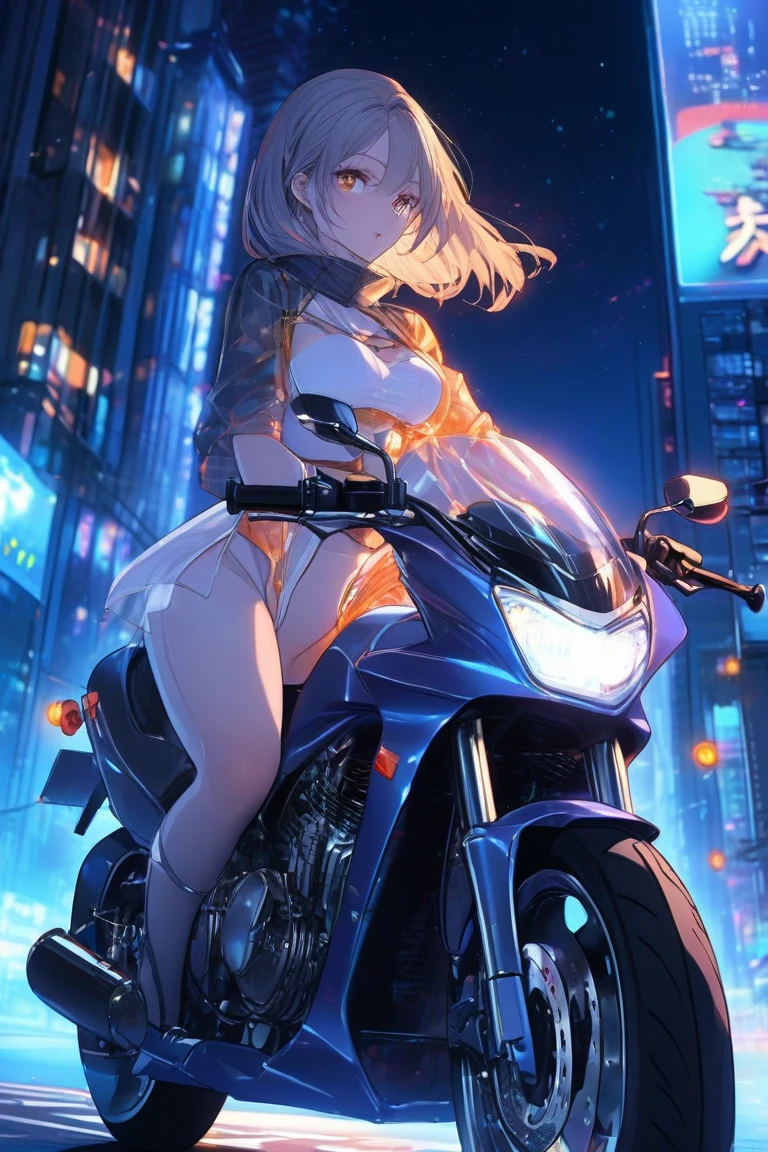 Handsome, solitary, 1 female, Medium Length Hair, white hair, Rainbow hair, Purple Eyes, Black and white hood, Futuristic, Cyberpunk, Cybernetics，Bare Legs，motorcycle，night